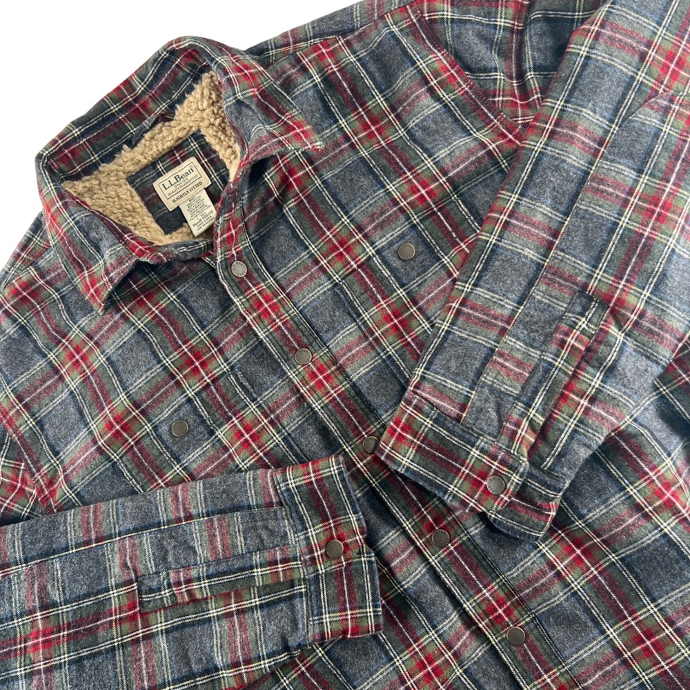 LL Bean Flannel Shirt Jacket Mens L-Tall Gray Red Plaid Sherpa Lined Shacket